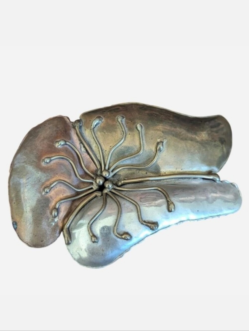 Vintage 70s Brutalist Mixed Metal Belt Buckle Copper Brass Wire Flower Artisan